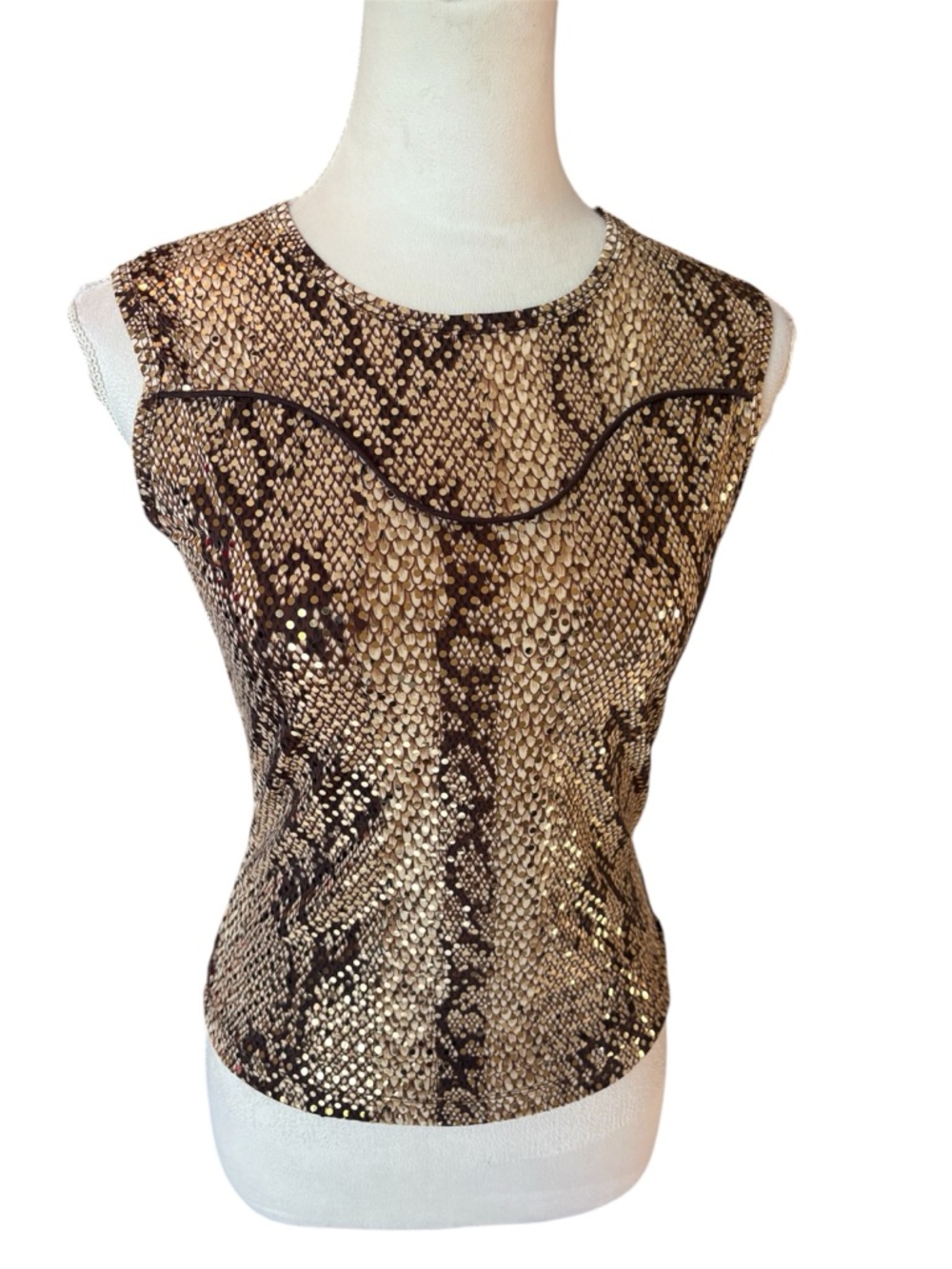 Y2K XOXO Brown snake print tank top with gold sequin details